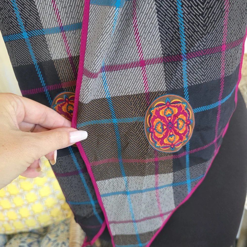 Vintage Silk Albert Nipon Plaid Scarf with Pink and Blue Accents Retro Boho